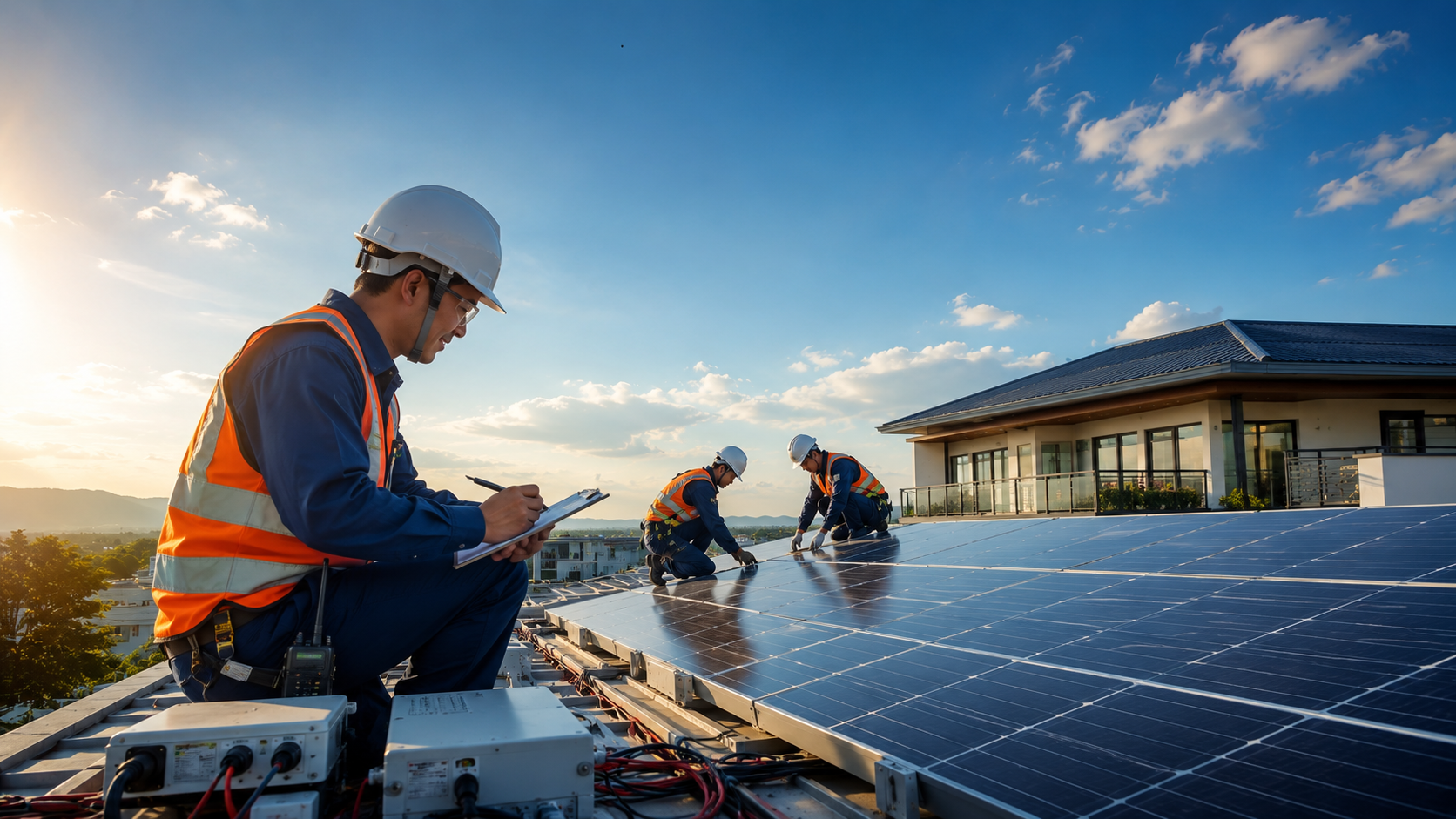 Engineer inspecting rooftop solar panels
