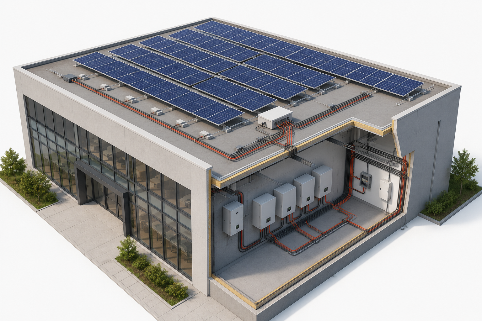 3D rendering of a commercial building with a rooftop solar array and inverter room wiring layout